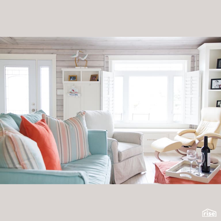 Living Room with Shiplap Wood Siding by Osez Interiors