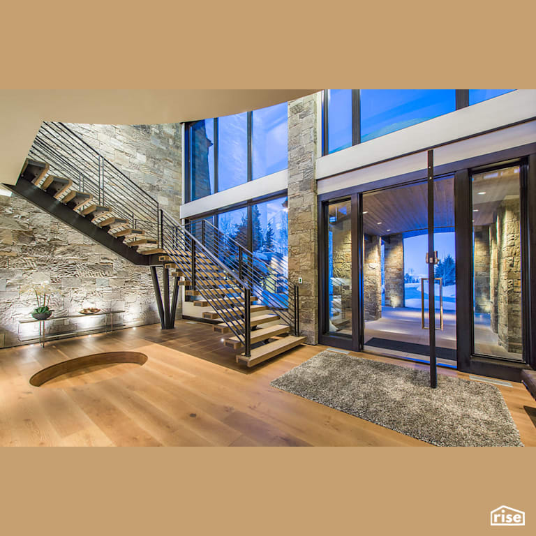 Large entryway with stairs with Energy Star Exterior Door by Alpen High Performance Products