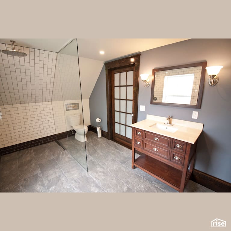 view into the glassed-in shower with Ceramic Tile Floors by RSI Projects