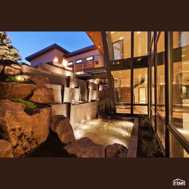 Anti-Ski House entry waterfall feature with Fixed Window by Alpen High Performance Products