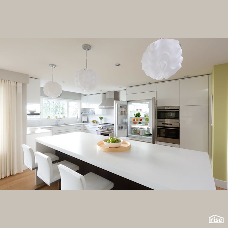 Mathers White Kitchen and Island with Low-Flow Kitchen Faucet by Synthesis Design