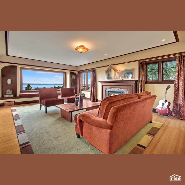 Family room with water view with Fixed Window by Gant Nychay Architecture PLLC