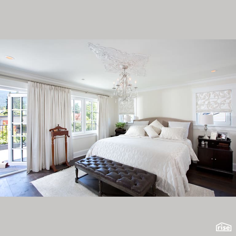 White Bedroom Linens with Chandalier with Integrated LED by Naikoon Contracting