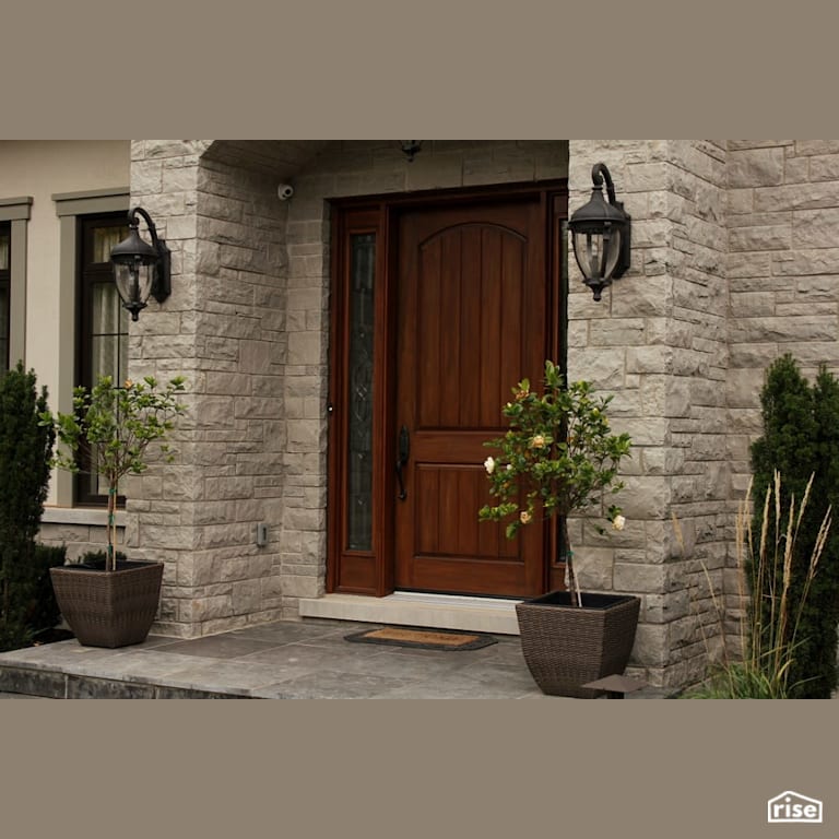 Solid wood door entryway with stone siding with Solid Wood Door by Masonal Stone Inc