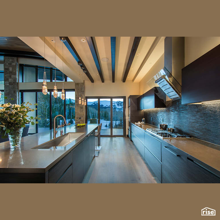 Open concept kitchen with high ceilings with Low-Flow Kitchen Faucet by Alpen High Performance Products