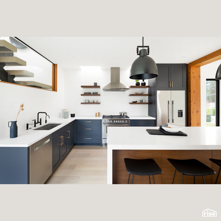 Navy and White Kitchen with Island with Fixed Window by Synthesis Design