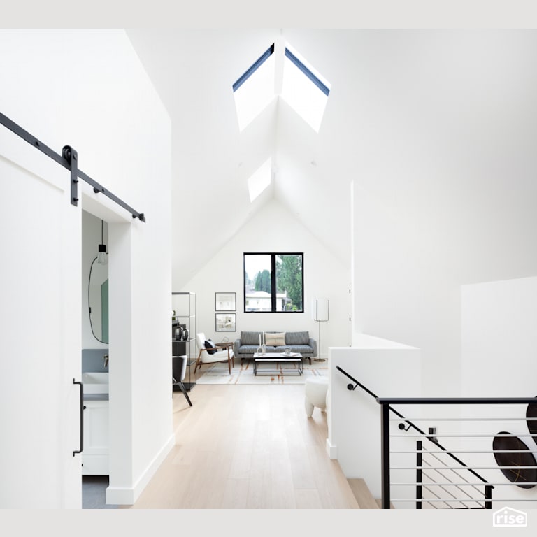 Farmhouse Inspired Loft Office and Hallway with Triple Pane Window by Synthesis Design