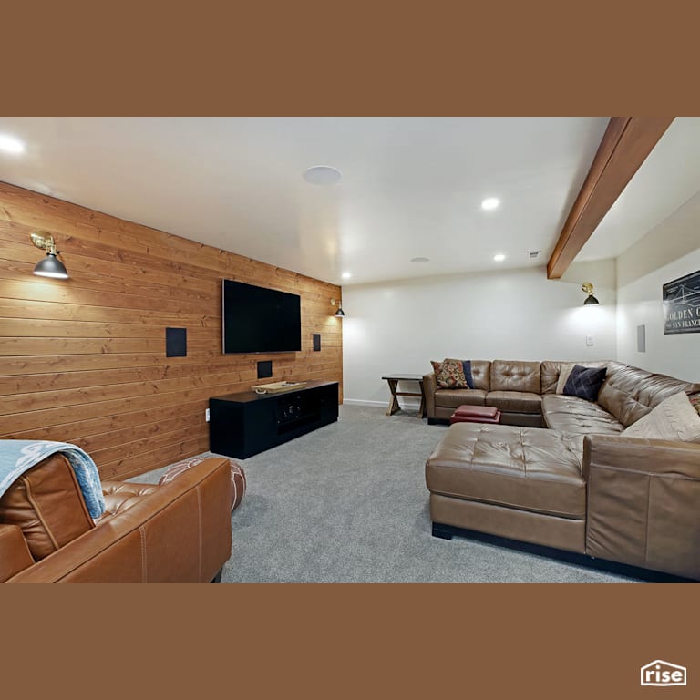 Family room with shiplap feature wall with Integrated LED by Gant Nychay Architecture PLLC