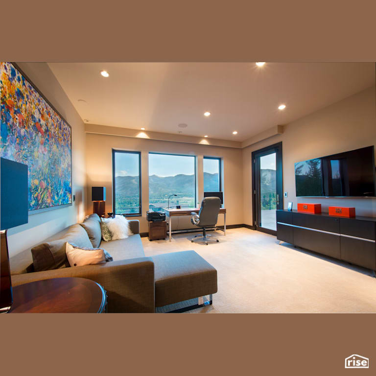 Small, open home office and media room with Integrated LED by Alpen High Performance Products