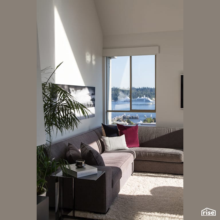 Penthouse Living Room with a View with Sliding Window by Synthesis Design
