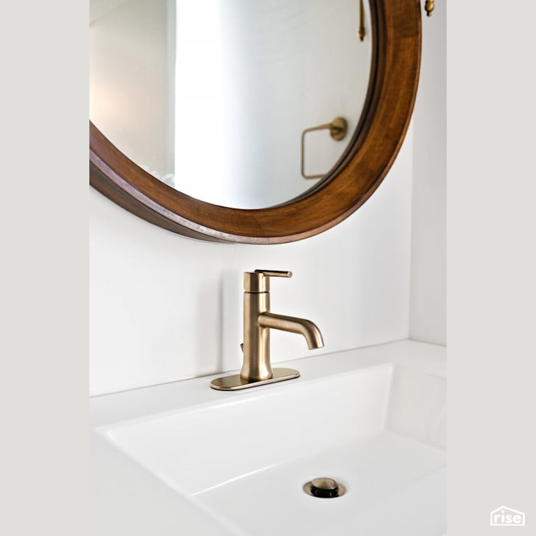 Bathroom vanity with wooden mirror with Low-Flow Bathroom Faucet by Revolve Design Build