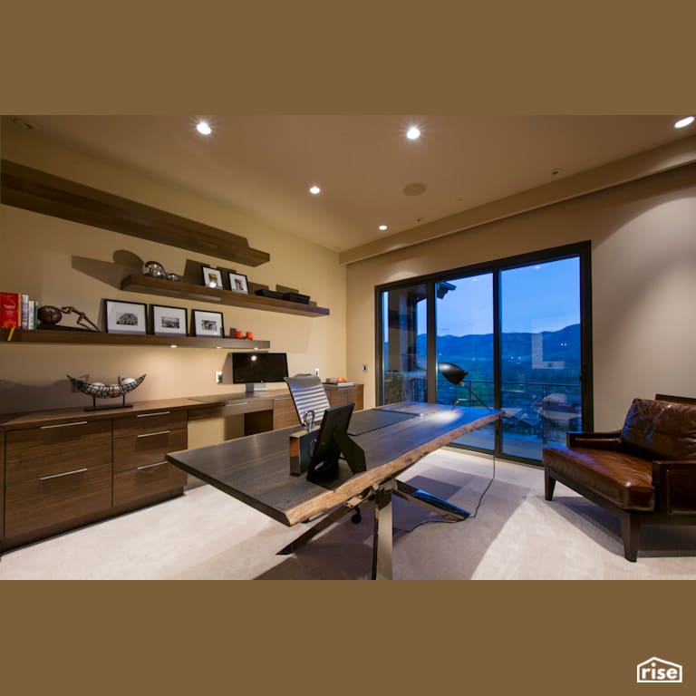 Home office with mountain-view balcony with Wood Veneer Cabinet by Alpen High Performance Products