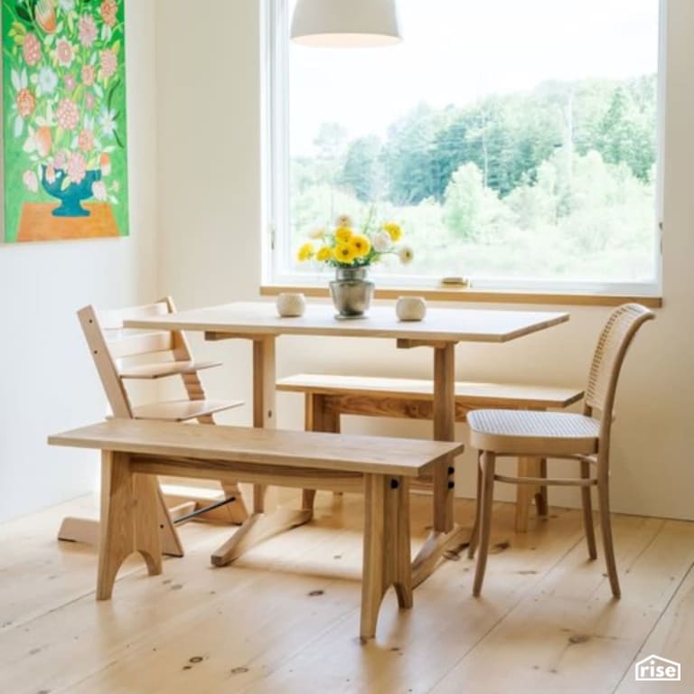 Finished wood dining table with flowers with Interior Wood Finish by Vermont Natural Coatings