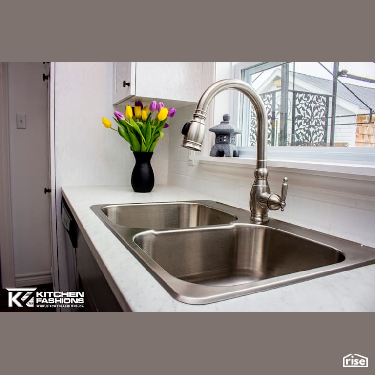Kitchen Fashions - White and Grey Frosted Kitchen with Low-Flow Kitchen Faucet by Home Fashions