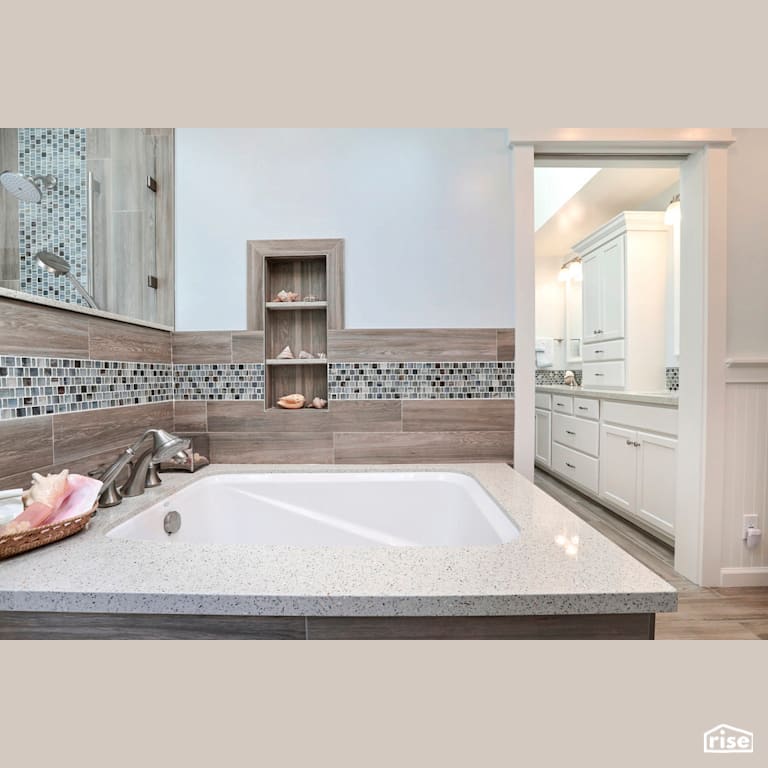 Sky Pearl Tub Deck with Recycled Glass Countertop by IceStone