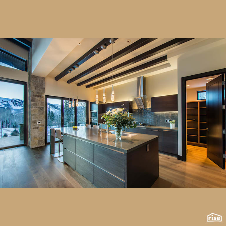 Open concept kitchen with pantry with FSC Certified Hardwood by Alpen High Performance Products