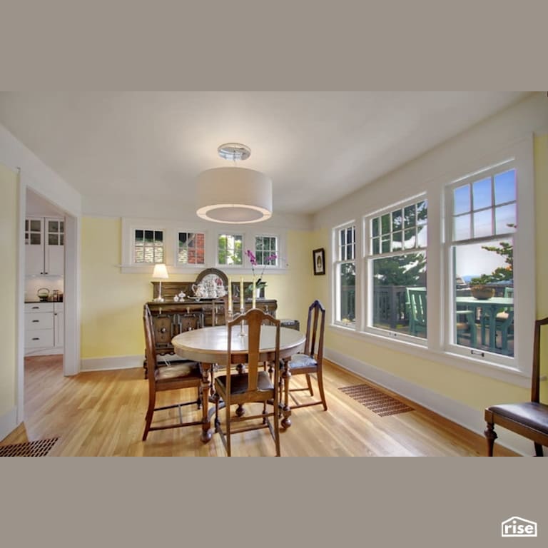 Madrona Craftsman yellow dining room with Engineered Hardwood by Gant Nychay Architecture PLLC