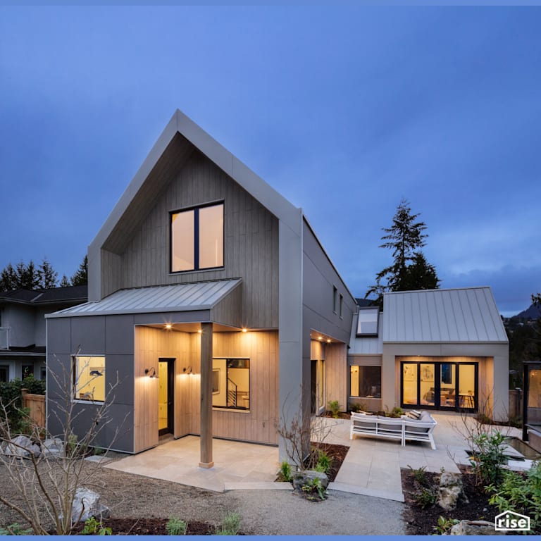 Stone Grey Home with Side Courtyard with Fiber Cement Siding by Synthesis Design