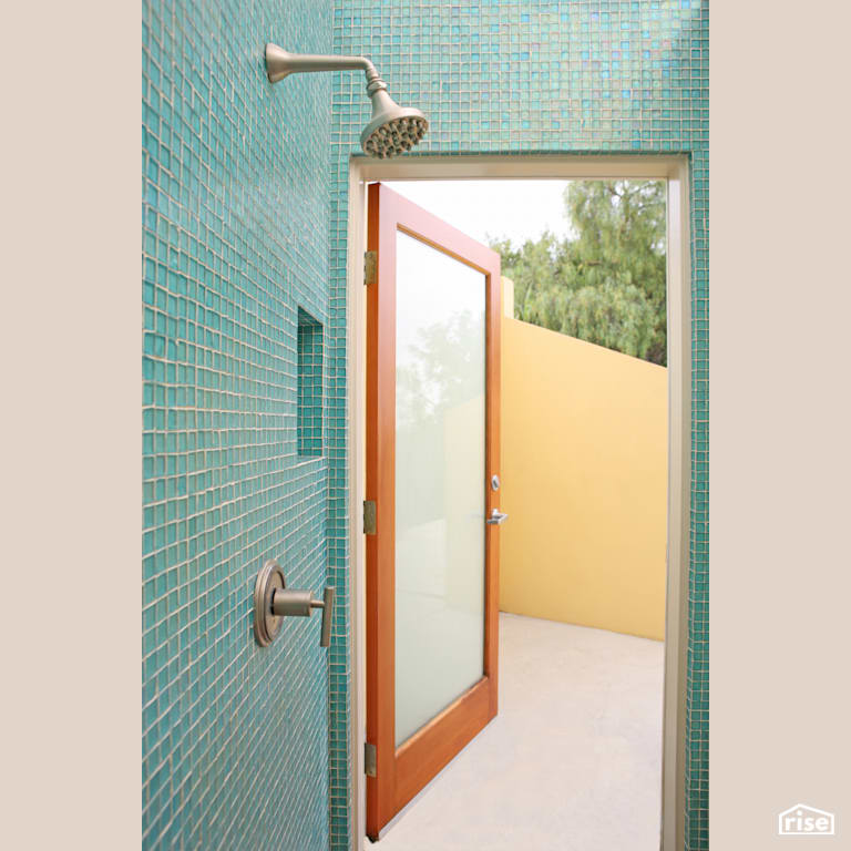 Echo Park Blue Tiled Shower with Low-Flow Showerhead by Tracy A. Stone Architect