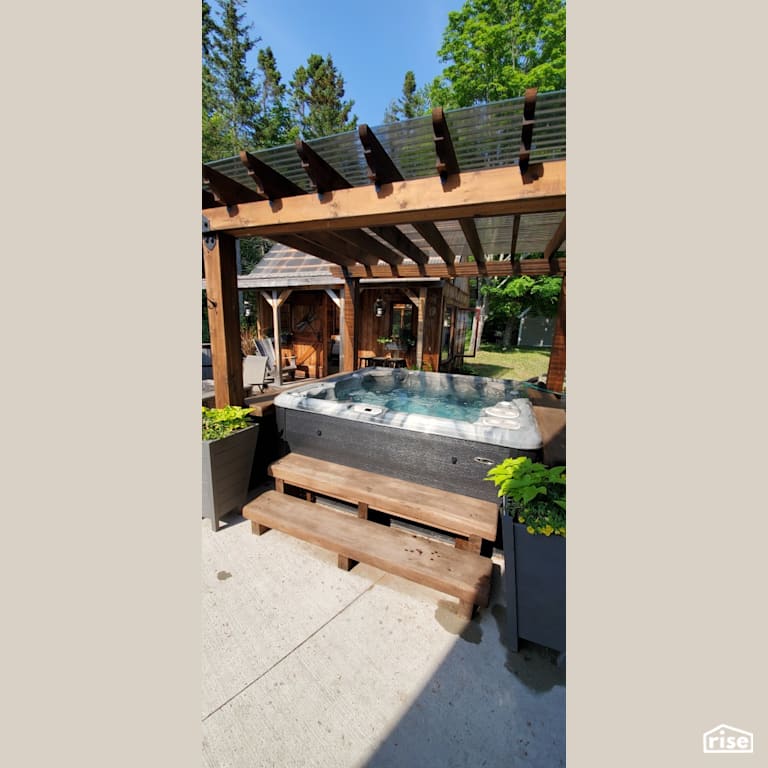 Hot Tub With Thermally Modified Wood Steps and Pergola with Thermally Modified Wood Decking by Thermalwood Canada