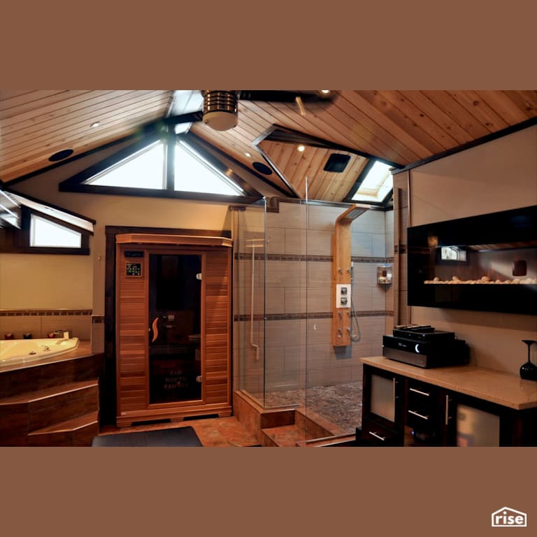 Over The Top Custom Bathroom with Gas Fireplace by Amazing Space Interiors