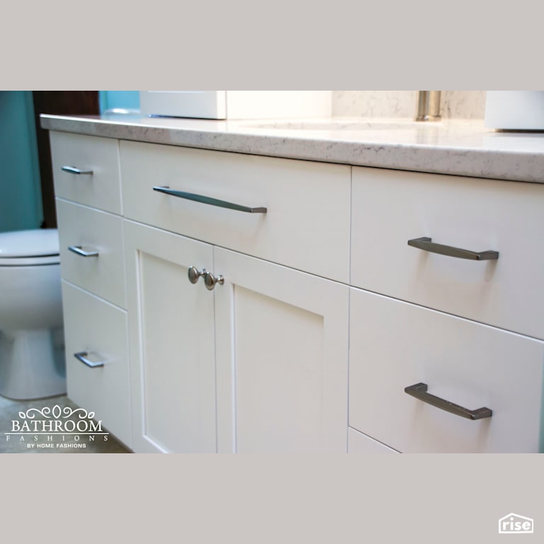 Bathroom Fashions - White and Teal Bathroom with Low-Flush Toilet by Home Fashions