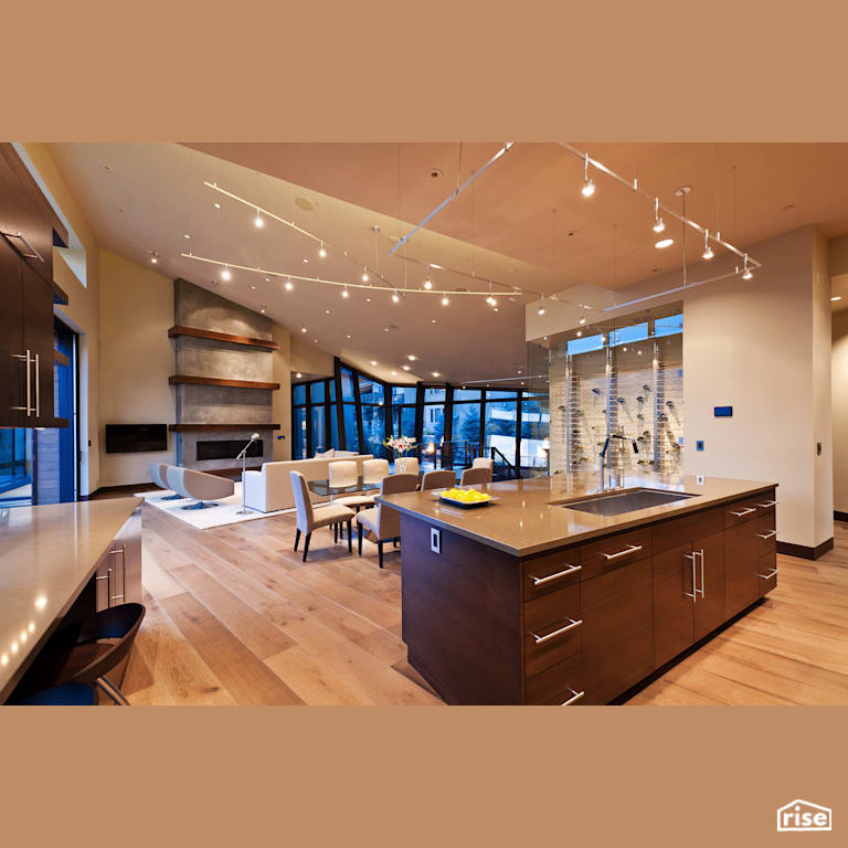 Open concept kitchen with FSC Certified Hardwood by Alpen High Performance Products