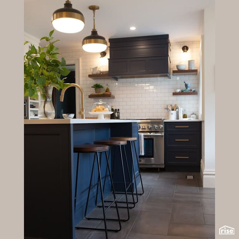 Blue kitchen island and cabinets remodel with Integrated LED by J Russon Construction