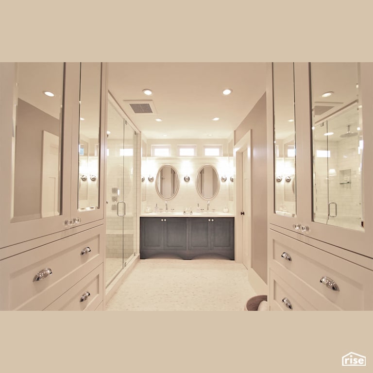 Bright white bathroom with double sink with Low-Flow Showerhead by Gant Nychay Architecture PLLC