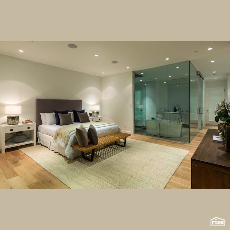 Master Bedroom with Glass Ensuite with Engineered Hardwood by Tracy A. Stone Architect
