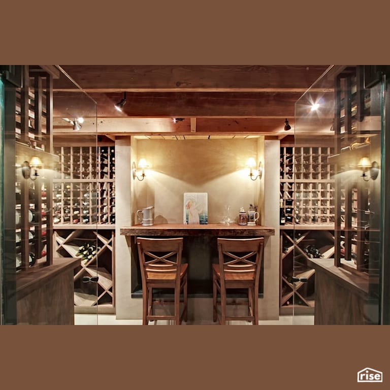 Custom wine room with stools with LED Lighting by Gant Nychay Architecture PLLC