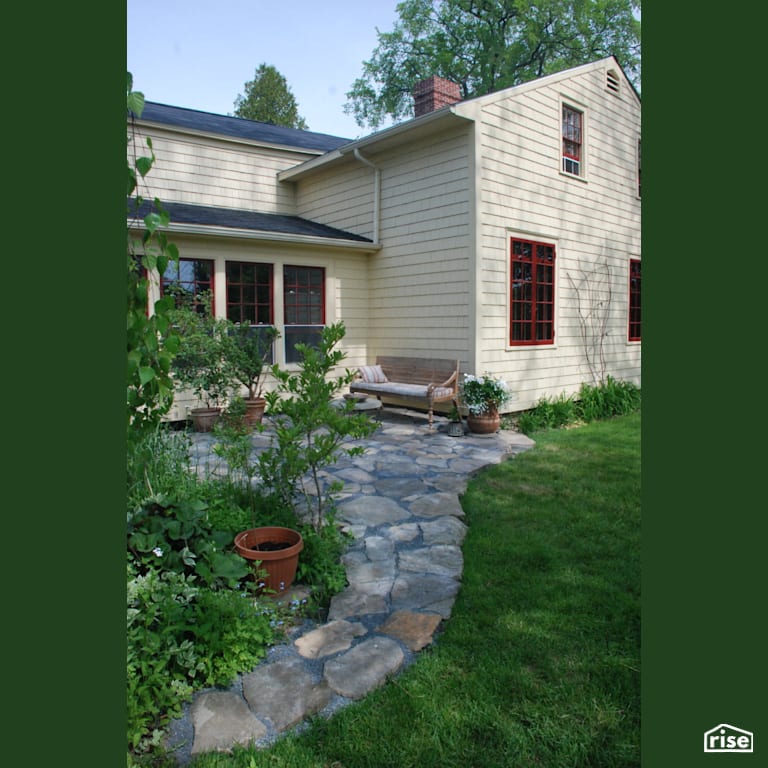 Red Window House Exterior Landscape with Clapboard Wood Siding by Earthworks Landscape & Design