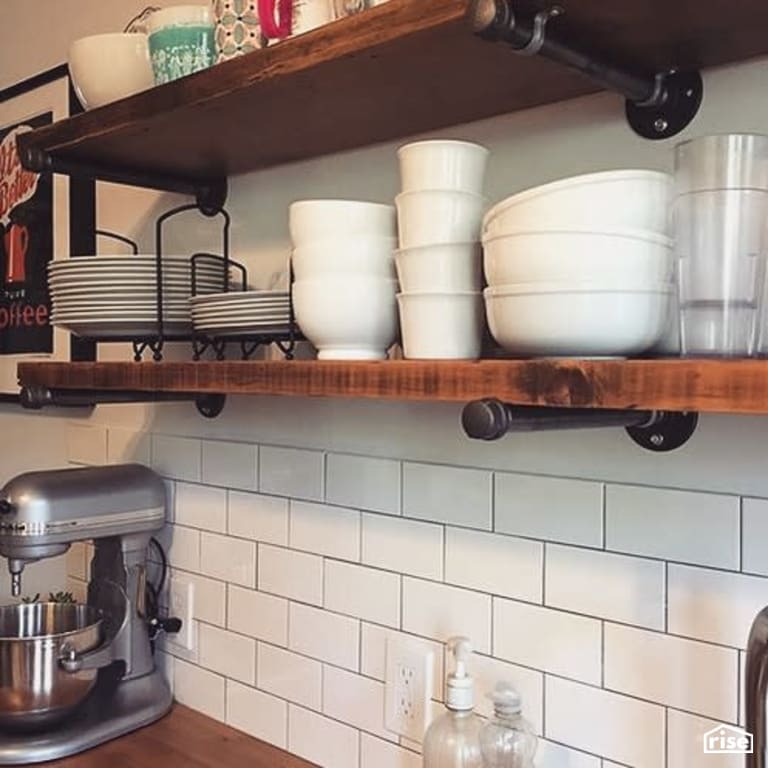 Kitchen with finished wood open shelves with Interior Wood Finish by Vermont Natural Coatings