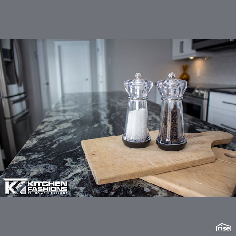 Kitchen Fashions - Beautiful Granite Kitchen with Refrigerator by Home Fashions