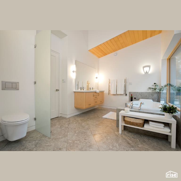 Gulf Island Sanctuary - Passive House - Bathroom with Wall-hung Dual Flush Toilet by Pheasant Hill Homes Ltd.