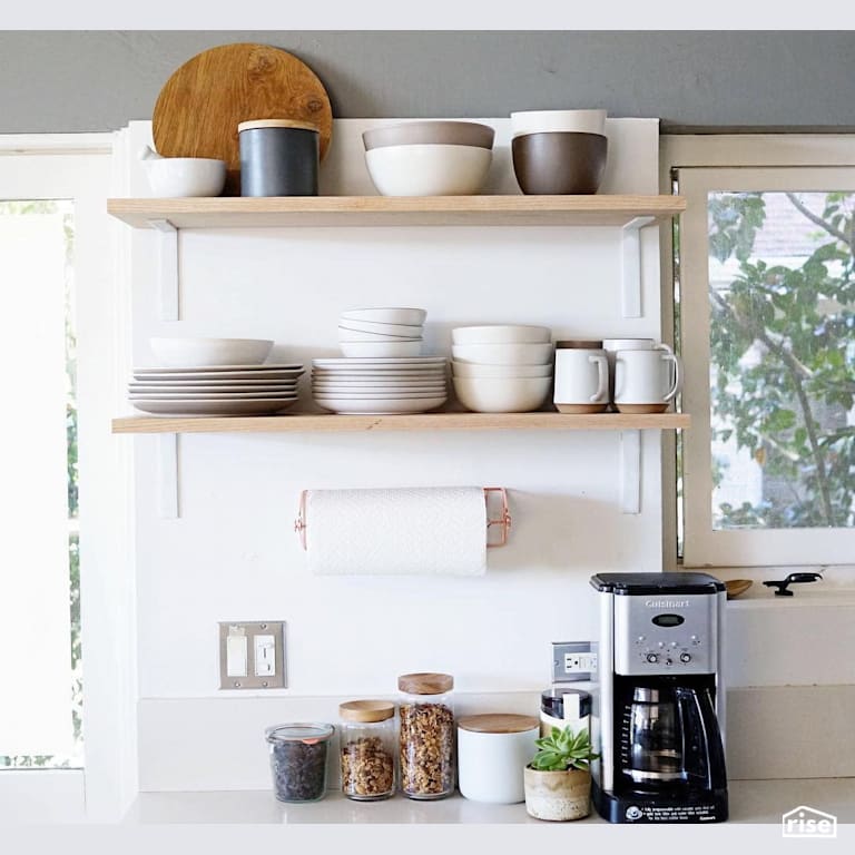 Kitchen with open finished wood shelves with Interior Wood Finish by Vermont Natural Coatings
