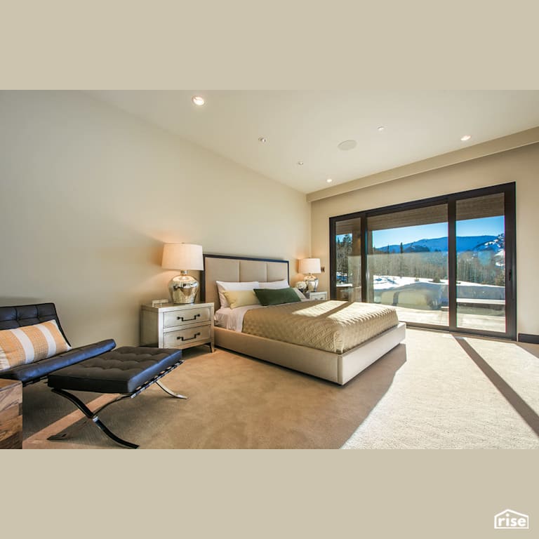 Bedroom with mountain view with Carpeting by Alpen High Performance Products