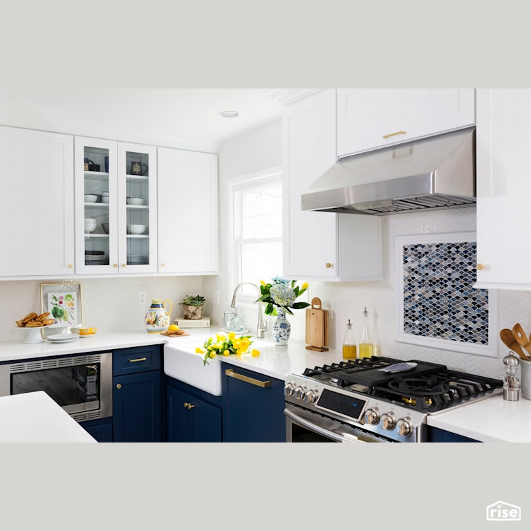 Kitchen - Navy & White Dream Kitchen with Gas Range by Case Design/Remodeling