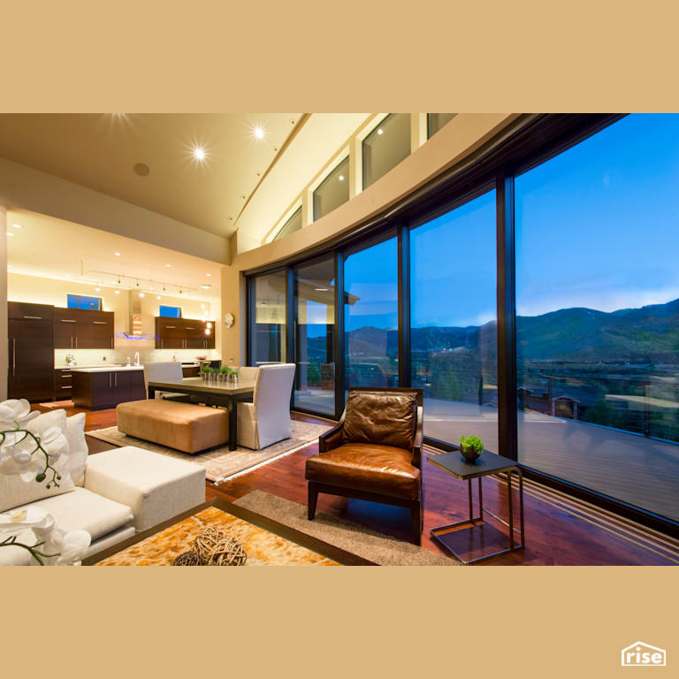 Open concept kitchen, dining and great room with Integrated LED by Alpen High Performance Products