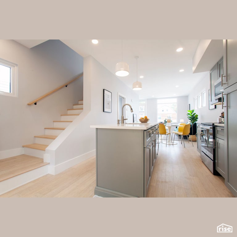Black Street Development Kitchen With Staircase to Second Floor with Ceiling Light by Module