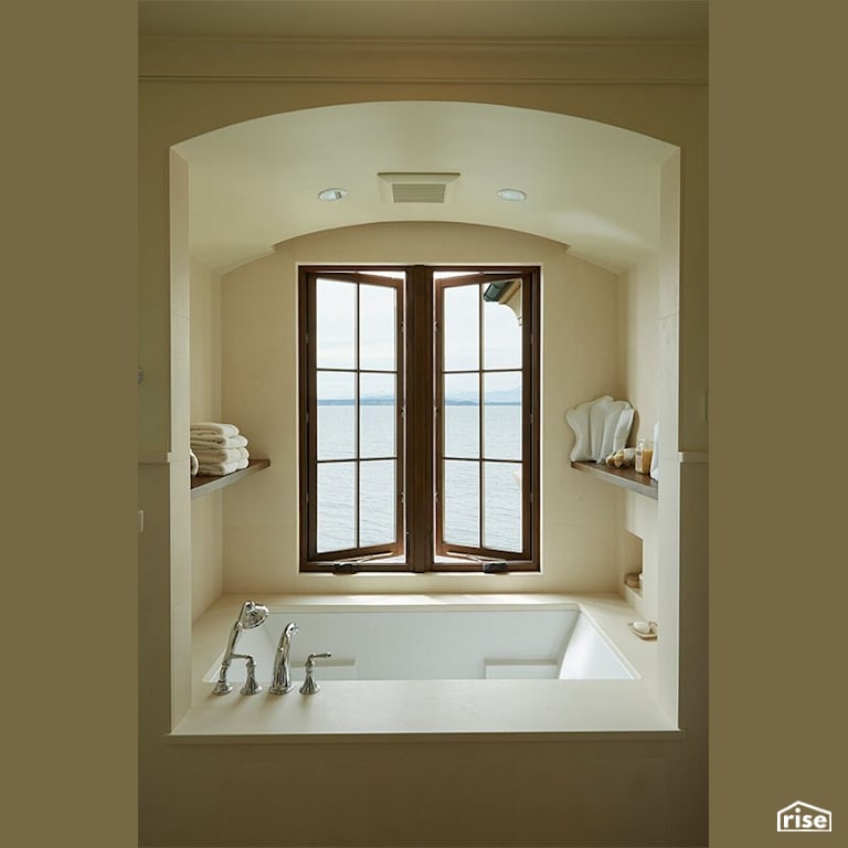 Water view bathroom with soaker tub with Integrated LED by Gant Nychay Architecture PLLC