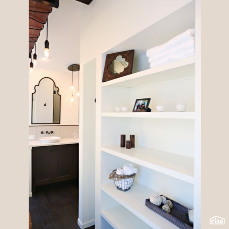 Custom Bathroom Shelving with Low-Flow Bathroom Faucet by Constructive Builders