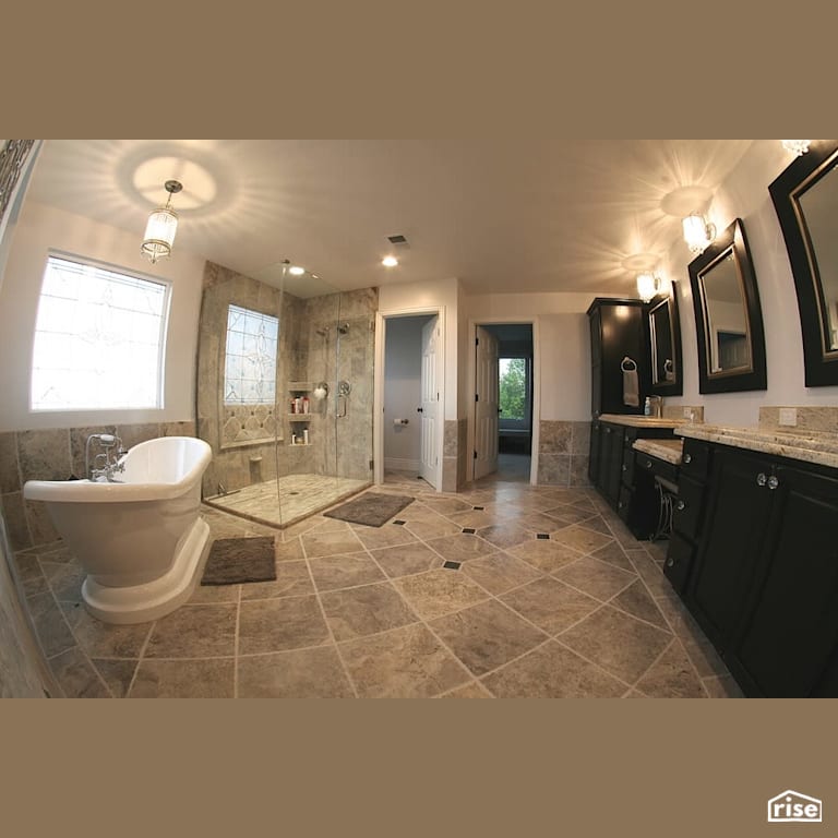 Large open bathroom with ceramic tile with Low-Flow Bathroom Faucet by Revolve Design Build