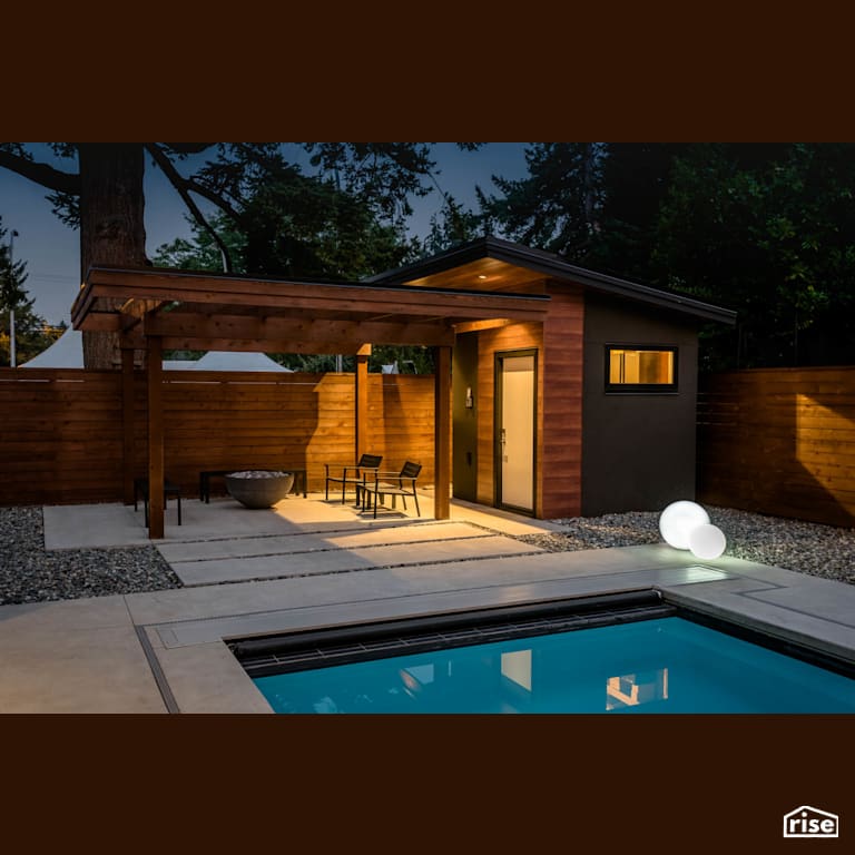 Fort Langley Modern Blend - Pool Shed with Accent Outdoor Lighting by My House Design/Build Team Ltd.