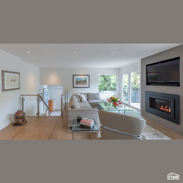 Marine Drive Living Room and Stairs with Engineered Hardwood by Synthesis Design