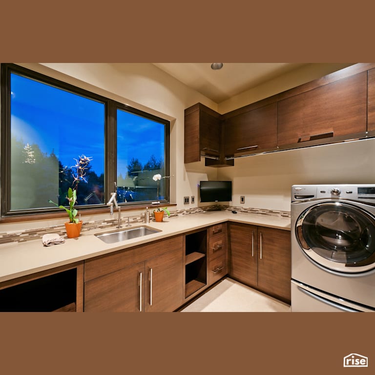 Laundry room with a view with Wood Veneer Cabinet by Alpen High Performance Products