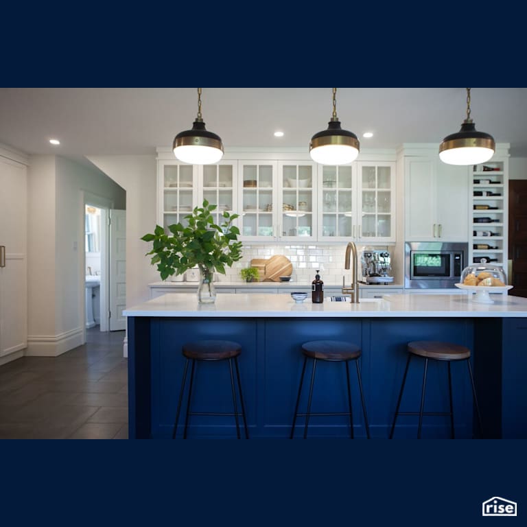 Kitchen remodel with blue island with Low-Flow Bathroom Faucet by J Russon Construction