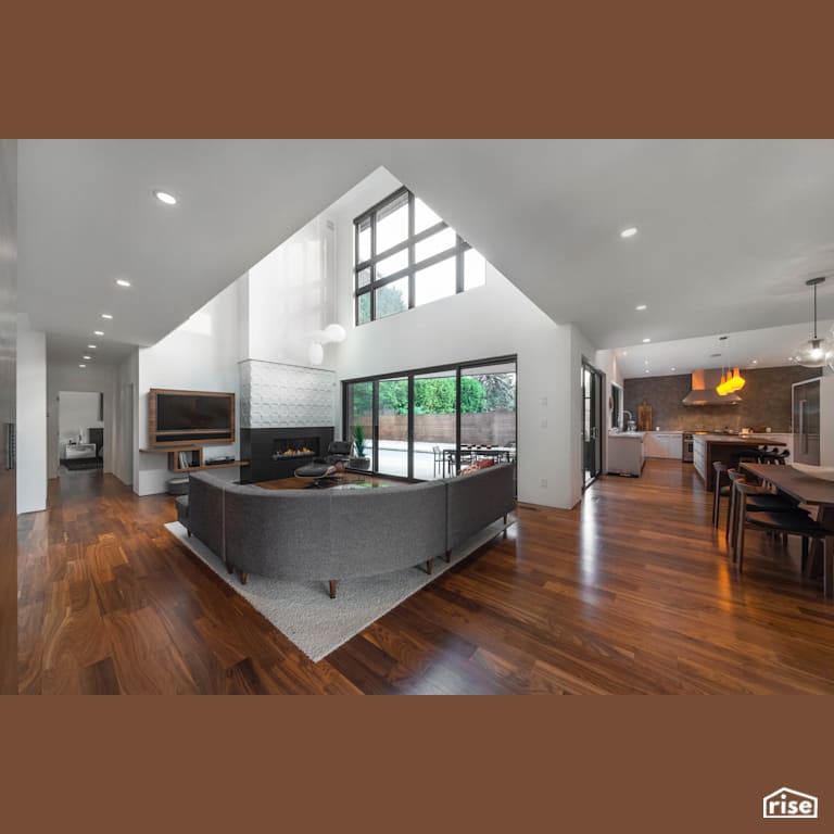 Fort Langley Modern Blend - Living/Dining Room/Kitchen with Gas Fireplace by My House Design/Build Team Ltd.