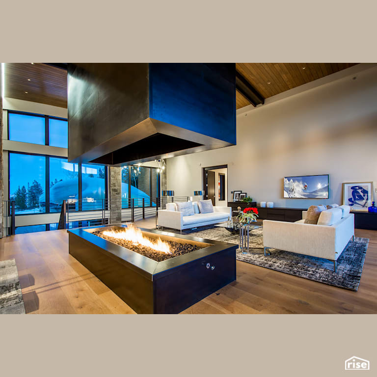 Living room with open fireplace and a wall of windows with Integrated LED by Alpen High Performance Products