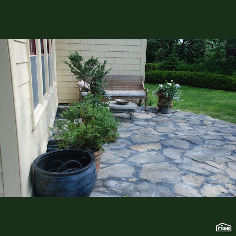 Red Window House Exterior Walkway with Clapboard Wood Siding by Earthworks Landscape & Design